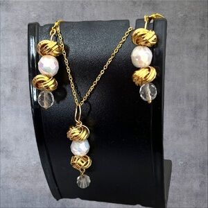 Gold plated earrings, pendant & necklaces set, crystal & white beads
